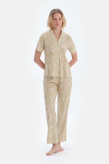 Dagi Set de pijamale, pantaloni, cămașă modal din bumbac pieptănat cu model verde deschis