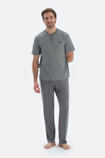 Dagi Gray Short Sleeve Half Placket T-Shirt Pants Pajama Set
