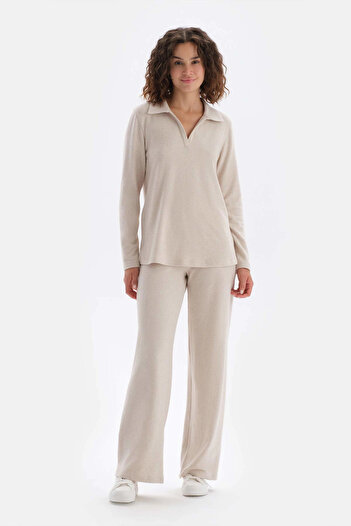 Dagi Beige Melange Polo Neck Long Sleeve Sweatshirt
