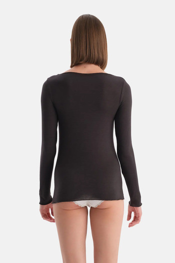 Dagi Dark Brown Modal Cashmere Boat Neck Long Sleeve Top