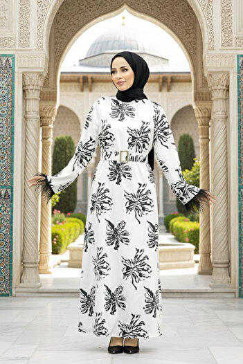 Neva Style Patterned White Hijab Dress 77301B