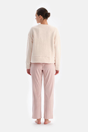 Dagi Ecru Embroidered Fleece Sweatshirt Pants Pajama Set