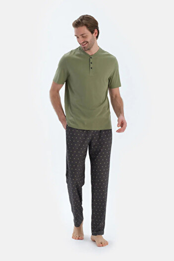 Dagi Fat Green Short Sleeve Half Placket T-Shirt Pants Pajamas Set