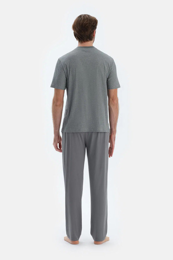 Dagi Gray Short Sleeve Half Placket T-Shirt Pants Pajama Set