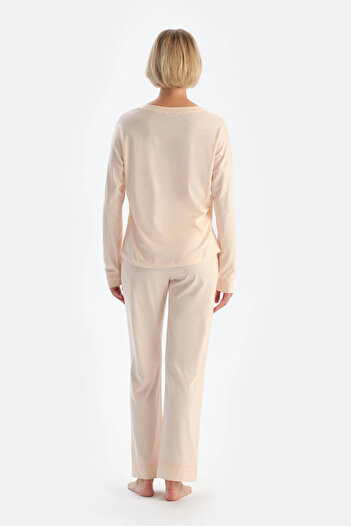 Dagi Combed Cotton Modal Pajama Set - Powder Boat Neck, Lace Detailed