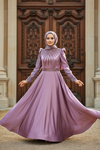 Neva Style Beaded Lilac Satin Hijab Evening Dress 22840Lıla