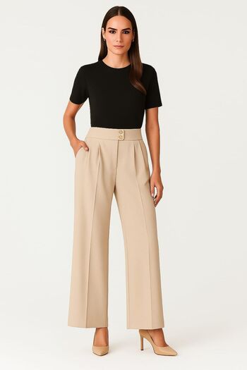 enmodaiçgiyim Promotional Price Stone Color High Waist Wide Leg Palazzo Pants–Stretchy Textured Fabric, Wide Leg