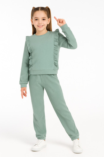 BUUFUU Ruffled Cotton Long Sleeve Top and Bottom Double Girl's Set