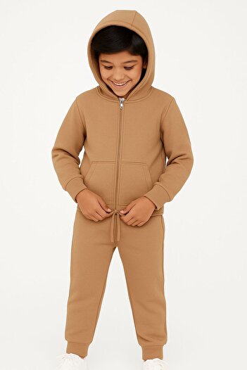 Şekerkids Boys' Cotton Beige Zippered and Hooded Sweatshirt (Suitable for School and Daily Use)