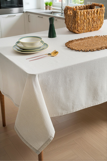 RUBİ PORSELEN Linen Textured Tablecloth 160X220 cm Ecru Simple Modern Table Textile