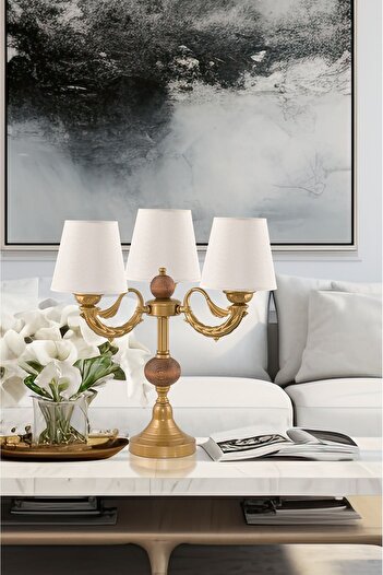 DEDE Cream Colored Triple Candlestick Table Lamp - Antique Lampshade with Hat