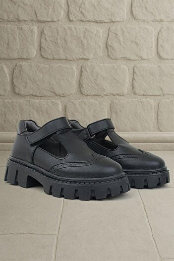 Rakerplus Black Matte Velcro Girls' School Shoes