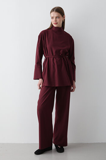 JASTE Women's Burgundy Stand Collar Belted Tunic & Button Detailed Elastic Waist Pants Set