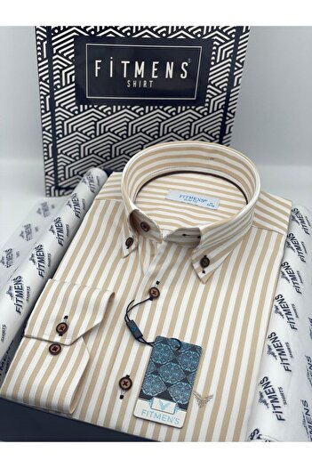 Fitmens Slim Fit Uzun Kol Likralı Çizgili Yaka Düğmeli Hediye Kutulu Erkek Gömlek FS-003669 - Bej