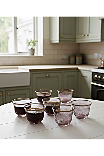 DECOSTYLE Pantoğraf Menekşe Pink Gold Glass Coffee and Mirra Cup Set of 6