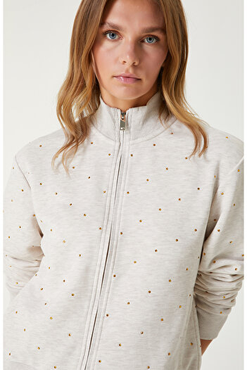 Network Bej Melanj Taş Baskı Detaylı Sweatshirt