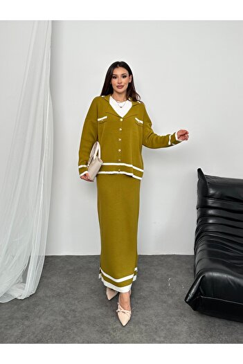 Hatun Atila Hatunatila Gold Buttoned Skirted Knitwear Set Oil Green - 5030