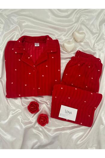 Lena Homewears Set de pijamale din lână cu nasturi cu model de inimă Red Dreams