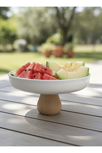 qtahya homes queen of kütahya Modern Porcelain 24 cm - Serving Plate for Presentation and Catering with Wooden Legs