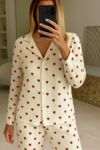 ELİTOL Buttoned Pajama Set with Burumuk Heart Pattern
