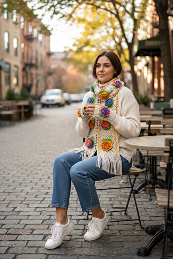 Satürn Hobi Hand Knitted Rose Motif Scarf & Gloves Set