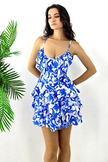 FashionForYou Rochie scurtă AUGUStina, babydoll, cu volane și imprimeu regal, Alb/Albastru