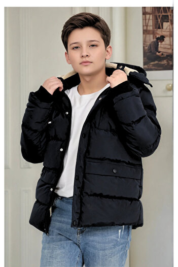 TheJOJODesign Erkek Çocuk Kışlık Polar Astarlı Kalın Elyaf Dolgulu Su Geçirmez Kapüşonlu Mont Kaban