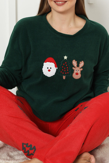 Siyah İnci Green Christmas-Themed Embroidered Plaid Plus Size Fleece Winter Knitted Pajama Set