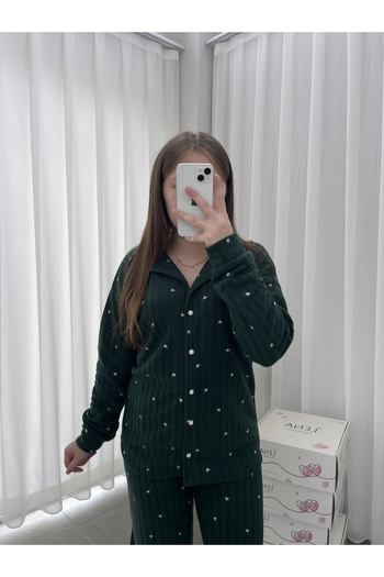 Lena Homewears Zümrüt Kalp Desenli Düz Polar Pijama Takımı