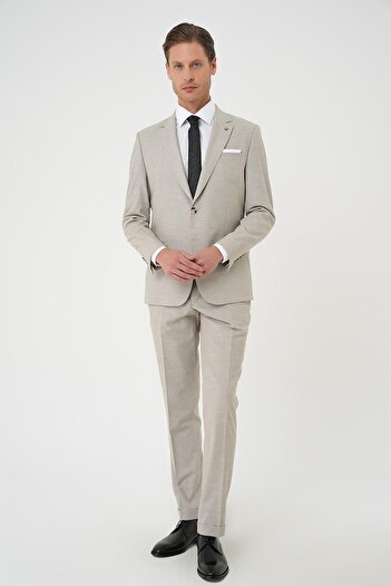 Efor Slim Fit Çift Yırtmaç Dokulu Esnek Klasik Bej Takım Elbise Tk 915