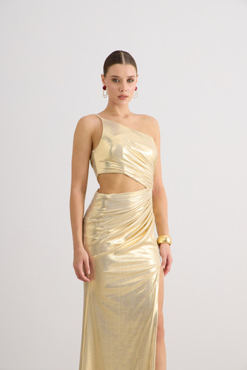 Carmen Ecru Gold Low-Cut Slit Shiny Knitted Evening Dress