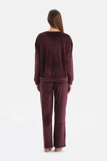 Eros Burgundy Long Sleeve Velvet T-Shirt Pants Pajama Set