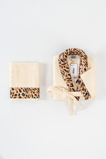 Ellaline Leopard Pattern Bathrobe Set 100% Cotton Certified, 2 Pieces, Cream Color