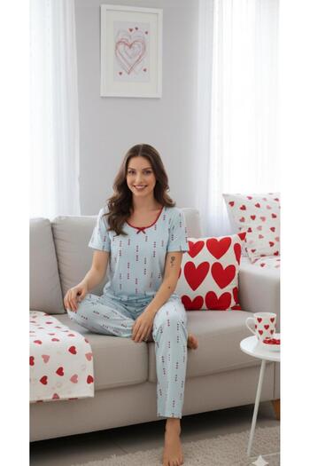 Mihra Kırmızı Küçük Kalpli Kadın Pijama Takımı