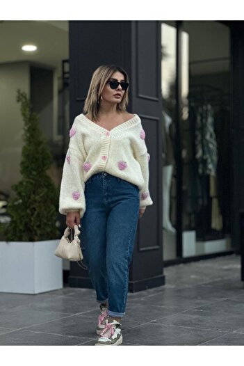 HARMONY GLOBAL Tricotaj moale cu decolteu în V, roz crem, cu model de căpșuni Cardigan pentru femei - 7072