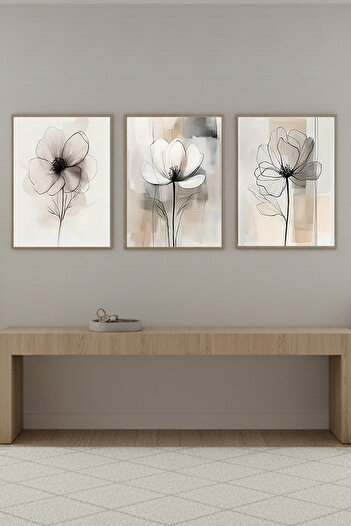 Artte Ahşap Çerçeveli çiçek Motifli 3lü Dekoratif Tablo