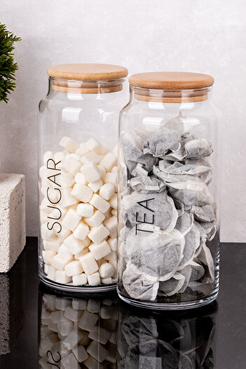 DNS HOME 2-Piece Wooden Vacuum Lid Transparent English Label Tea Candy Storage Container Glass Jar 1300ml