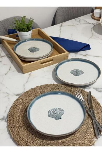Kütahya Porselen Modern 4 Piece 21 cm Cake Plate with Cinnamon Mussel Pattern