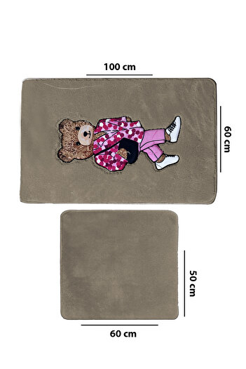Chilai Home Boss Bear Taş 2li Nakışlı Banyo Paspası ,Kaymaz Tabanlı 60x100 50x60 cm