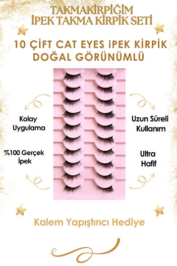 Takmakirpiğim 10 Çift Doğal Cat Eye Kedi Göz Takma İpek Kirpik Powerliner Şeffaf Kalem Yapıştırıcı