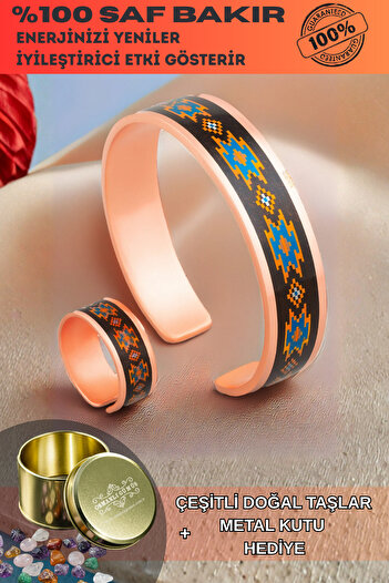 OSMANLI GÜMÜŞ Women's Copper Bracelet Ring Set - Victoria Model Special Edition Metal Box and Quartz Stone