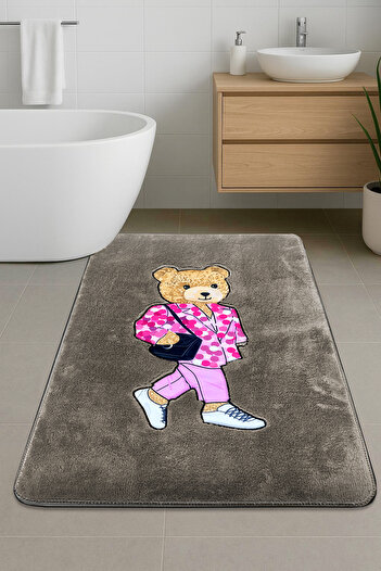Chilai Home Boss Bear Taş Tekli Nakışlı Banyo Paspası ,Kaymaz Tabanlı 60x100cm