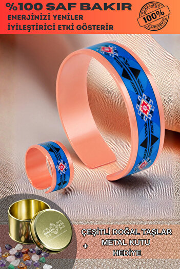 OSMANLI GÜMÜŞ Women's Copper Bracelet Ring Set - Zaira Model Special Edition Metal Box and Quartz Stone