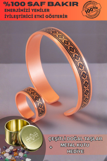 OSMANLI GÜMÜŞ Women's Copper Bracelet Ring Set - Anna Model Special Edition Metal Box and Quartz Stone