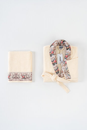 Ellaline Fiore Floral Pattern Bathrobe Set 100% Cotton Certified, 2 Pieces, Cream Color
