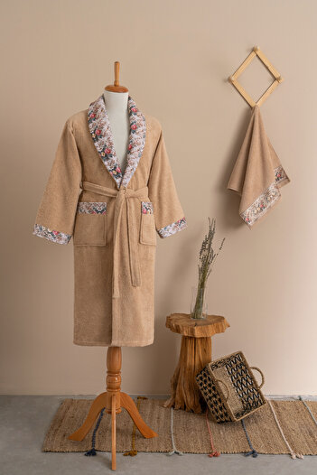 Ellaline Fiore Floral Pattern Bathrobe Set %100 Cotton Certified, 2 Pieces, Beige Color