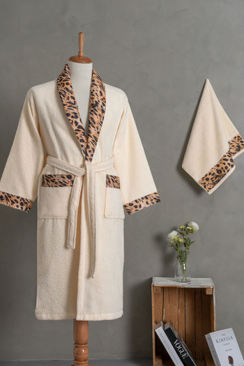 Ellaline Leopard Pattern Bathrobe Set 100% Cotton Certified, 2 Pieces, Cream Color