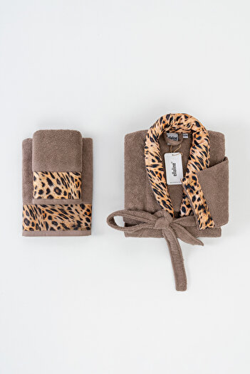 Ellaline Leopard Patterned Bathrobe Set 100% Cotton Certified, 3 Pieces, Beige Color