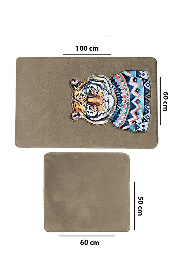 Chilai Home Logwe Taş 2li Nakışlı Banyo Paspası ,Kaymaz Tabanlı 60x100 50x60 cm