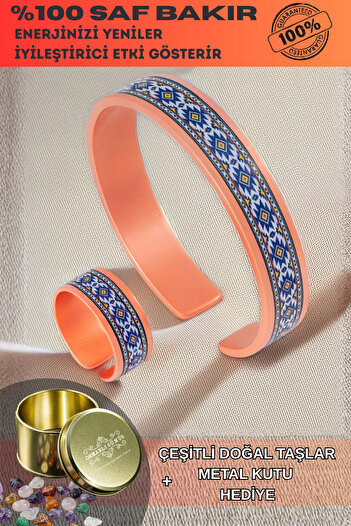 OSMANLI GÜMÜŞ Women's Copper Bracelet Ring Set - Sabina Model Special Edition Metal Box and Quartz Stone